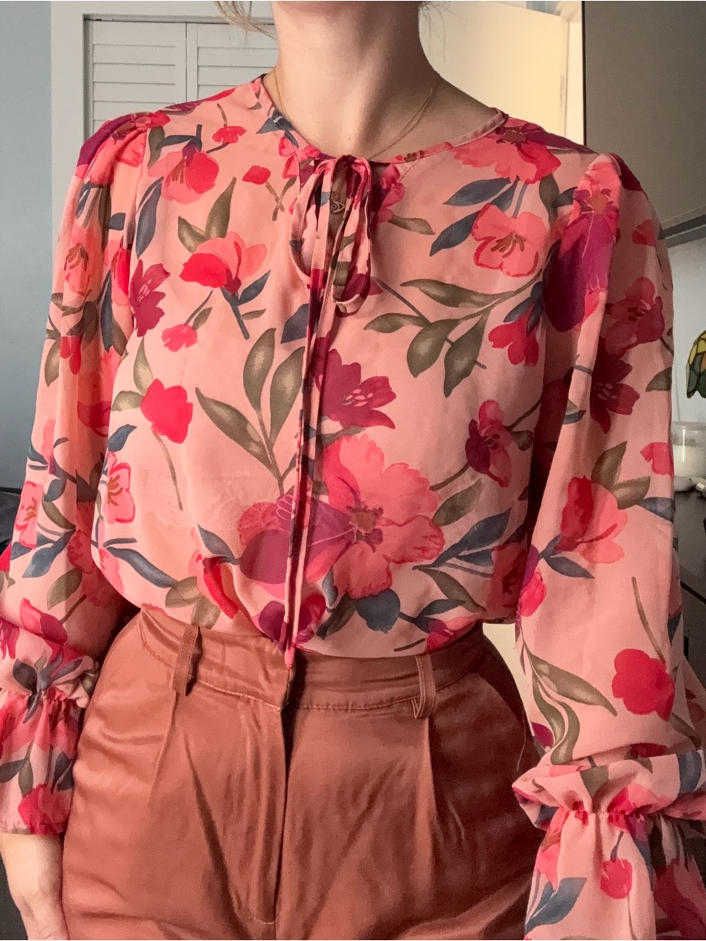 SHEIN Pink Floral Tie-Neck Long Sleeve Blouse
